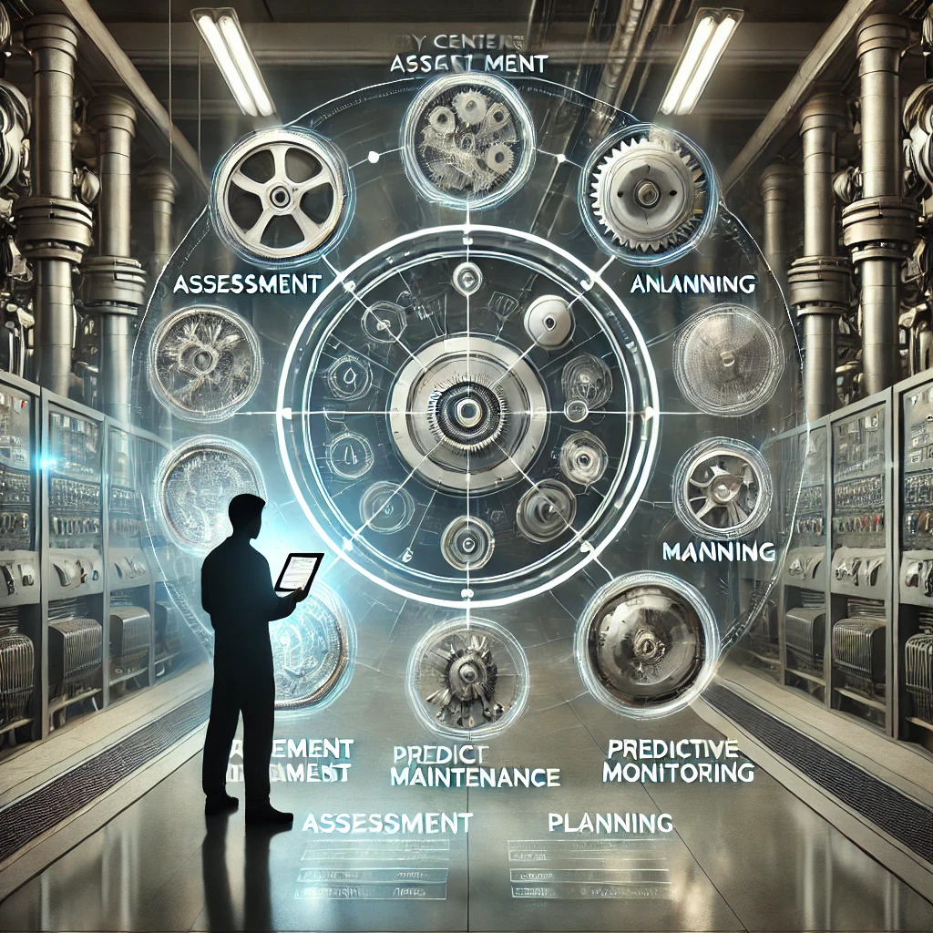DALL·E 2025-11-17 19.54.59 - A detailed illustration symbolizing reliability centered maintenance in an industrial setting, featuring a large circular diagram with interconnected